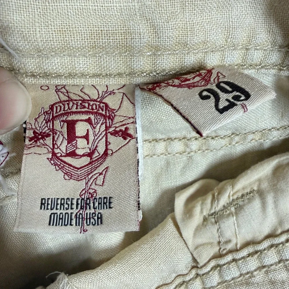 Division E Mens 29x34 Tan Beige 100% Linen Straight Leg Embroidered Pants USA